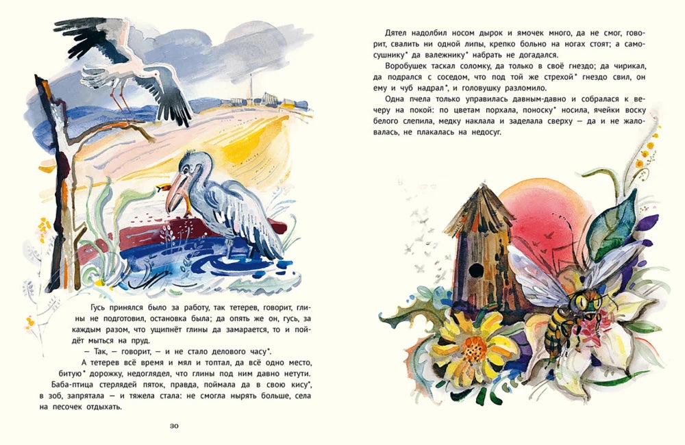 Разворот с гусем, тетеревом, жуком и скворечником