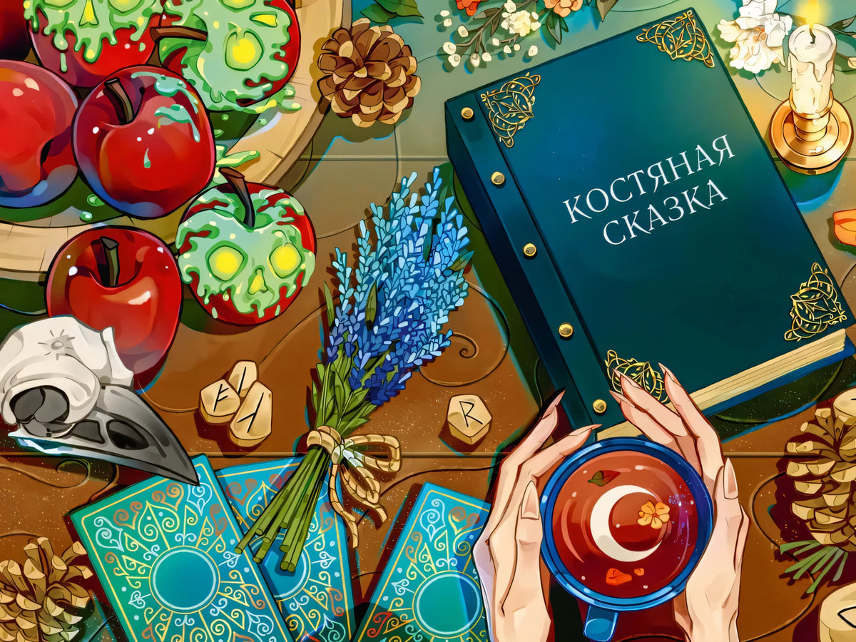 Иллюстрация с яблоками-черепами, картами, чаем и книгой «Костяная сказка»