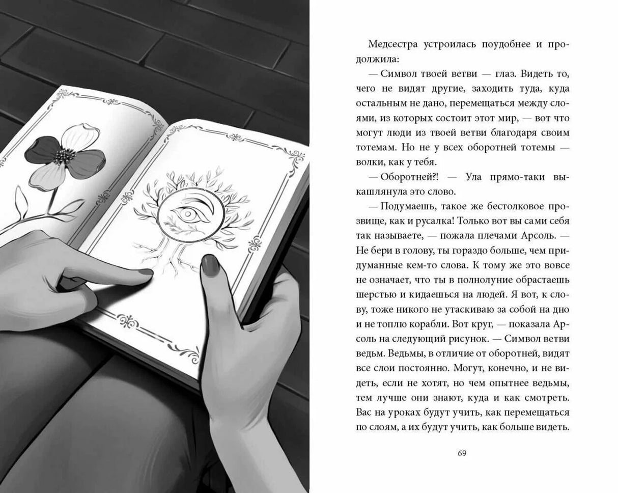Разворот стр. 69: иллюстрация рук, держащих книгу с символом глаза, и текст о символе ветви и оборотнях