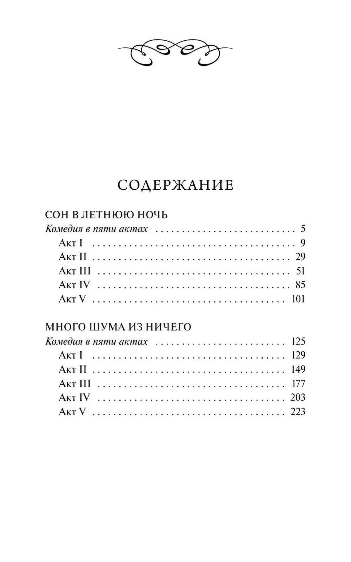 Страница содержания с актами пьес «Сон в летнюю ночь» и «Много шума из ничего»