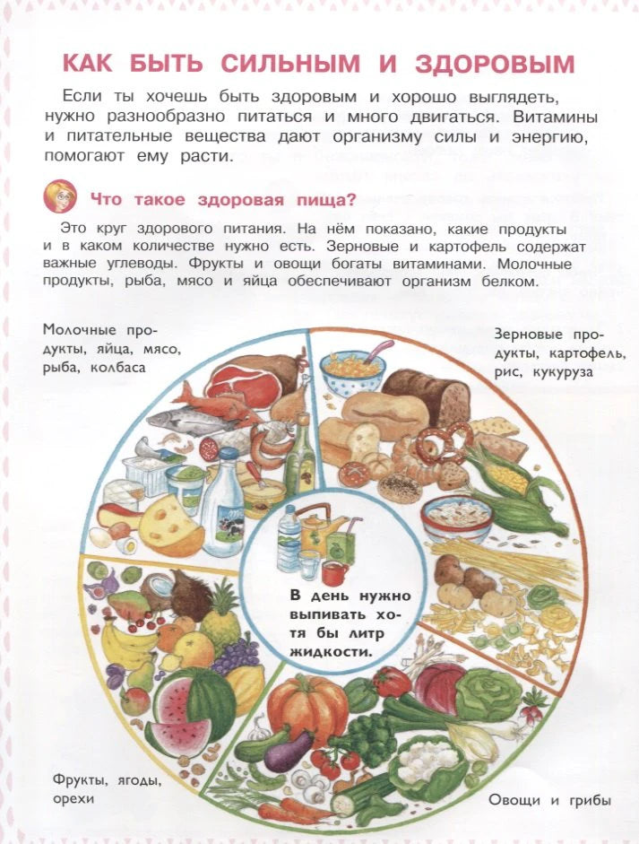 Страница о здоровом питании с иллюстрацией пищевого круга.