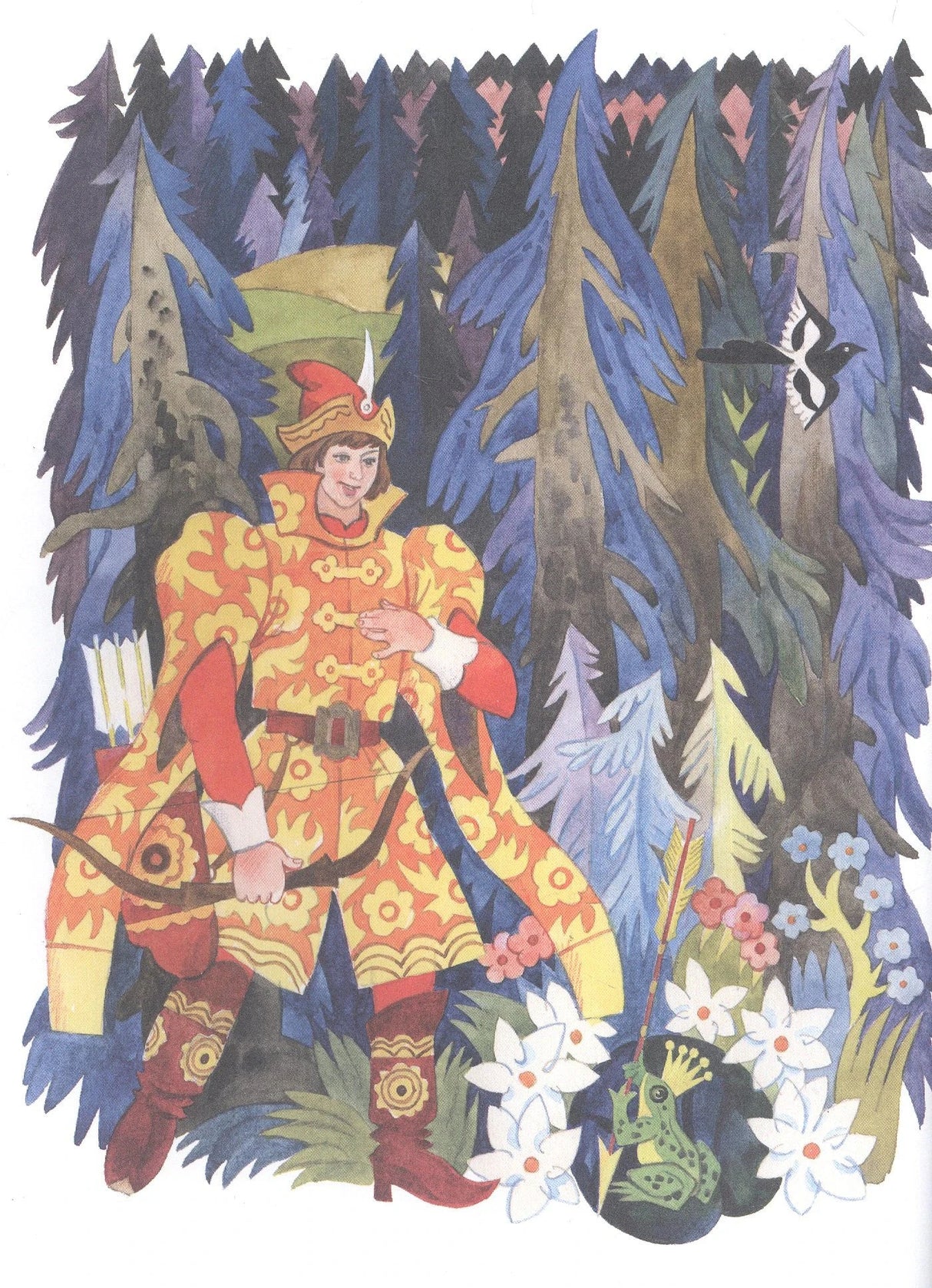 Иван-царевич с луком в еловом лесу, рядом лягушка в короне среди цветов