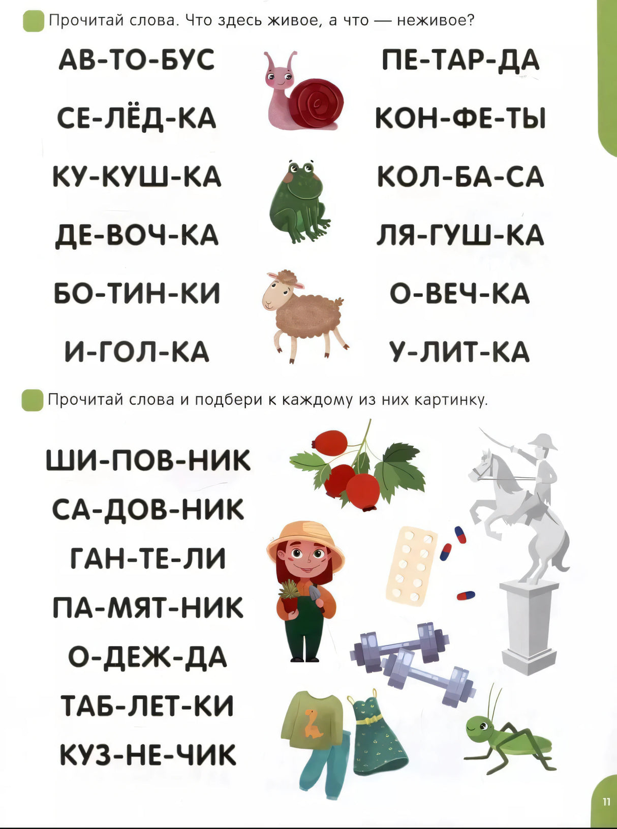 Страница 11: задания «живое/неживое» (улитка, лягушка, овца) и «подбери картинку» с разбивкой по слогам.