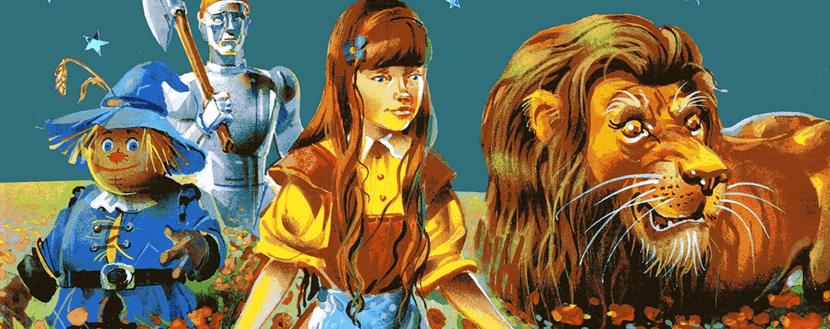 Иллюстрация с Элли, Страшилой, Железным Дровосеком и Львом.
