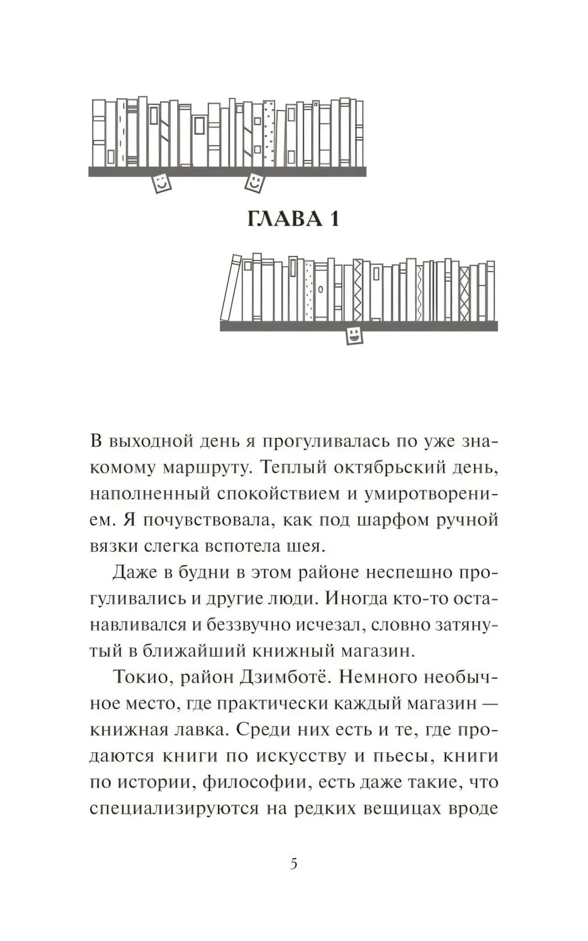 Начало главы 1 с рисунком книжных полок и первым текстом романа