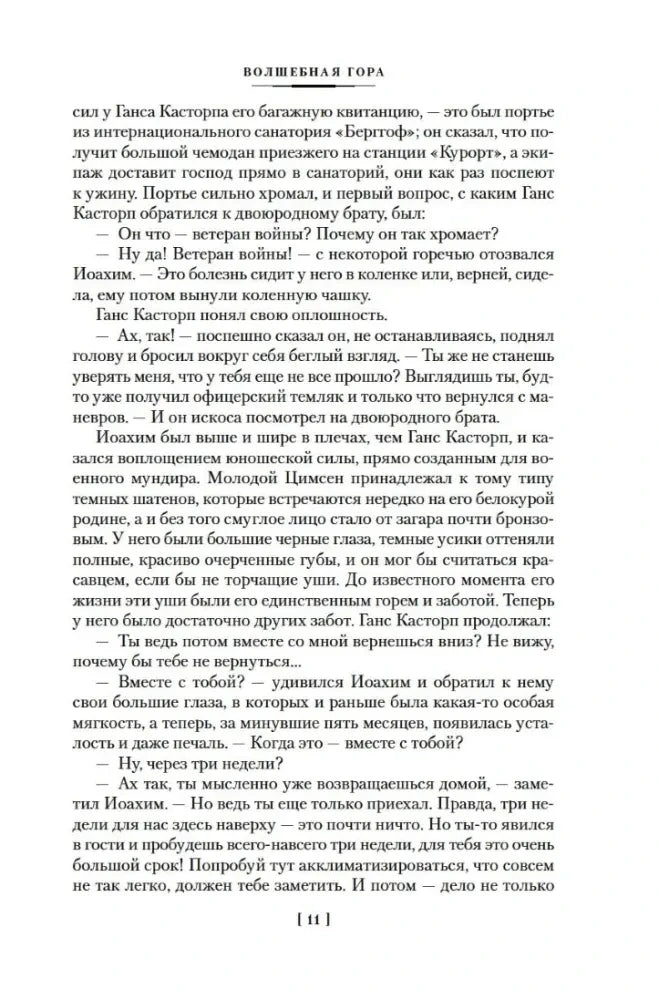 Текст первой главы с диалогом Ганса Касторпа и Иоахима, страница 11.
