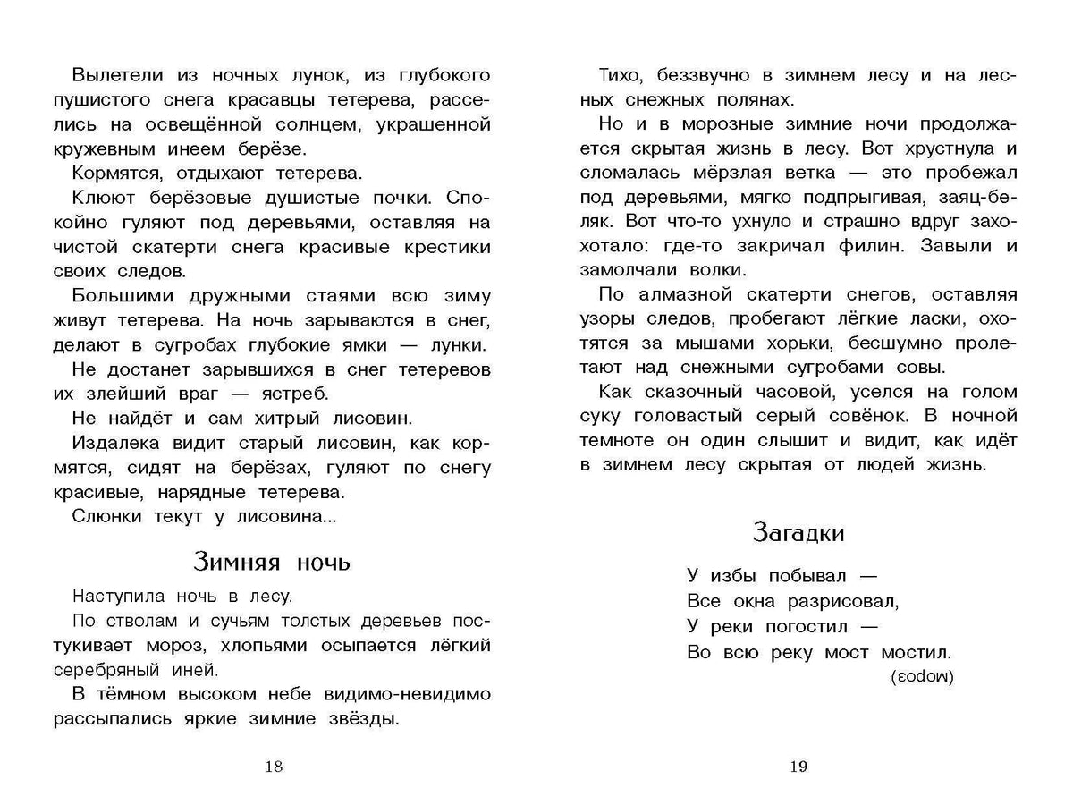 Разворот страниц 18–19 с текстом о зимнем лесе и загадками.