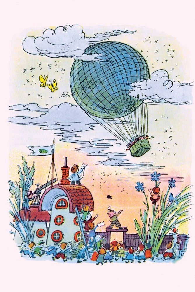 Цветная иллюстрация: коротышки летят на воздушном шаре над городом.