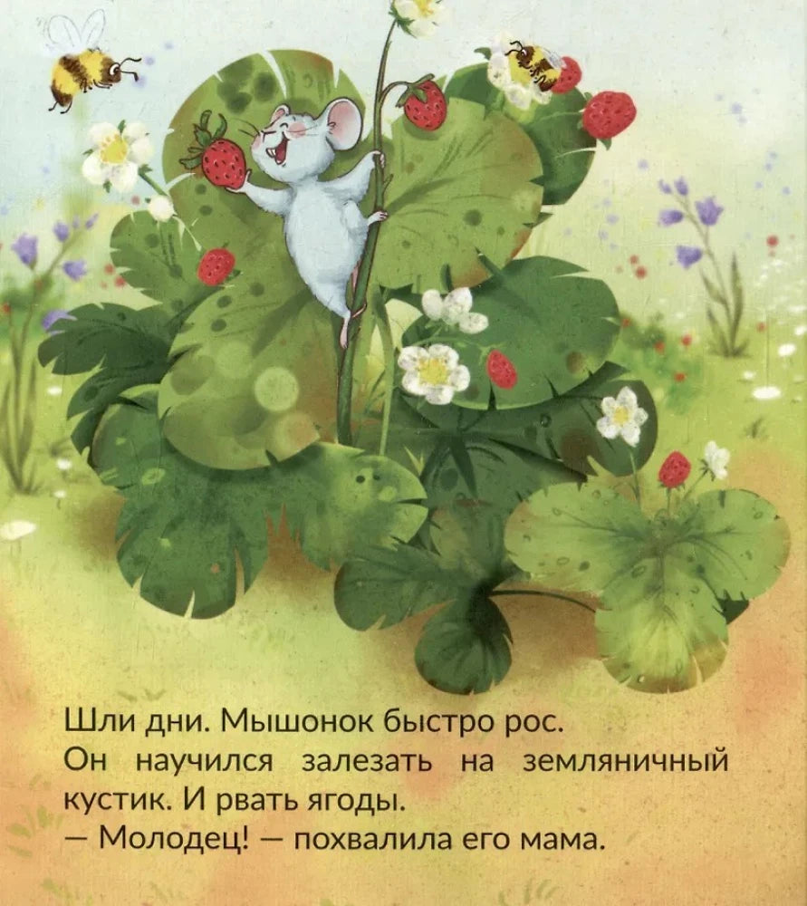 Страница детской книги: мышонок собирает ягоды на земляничном кусте