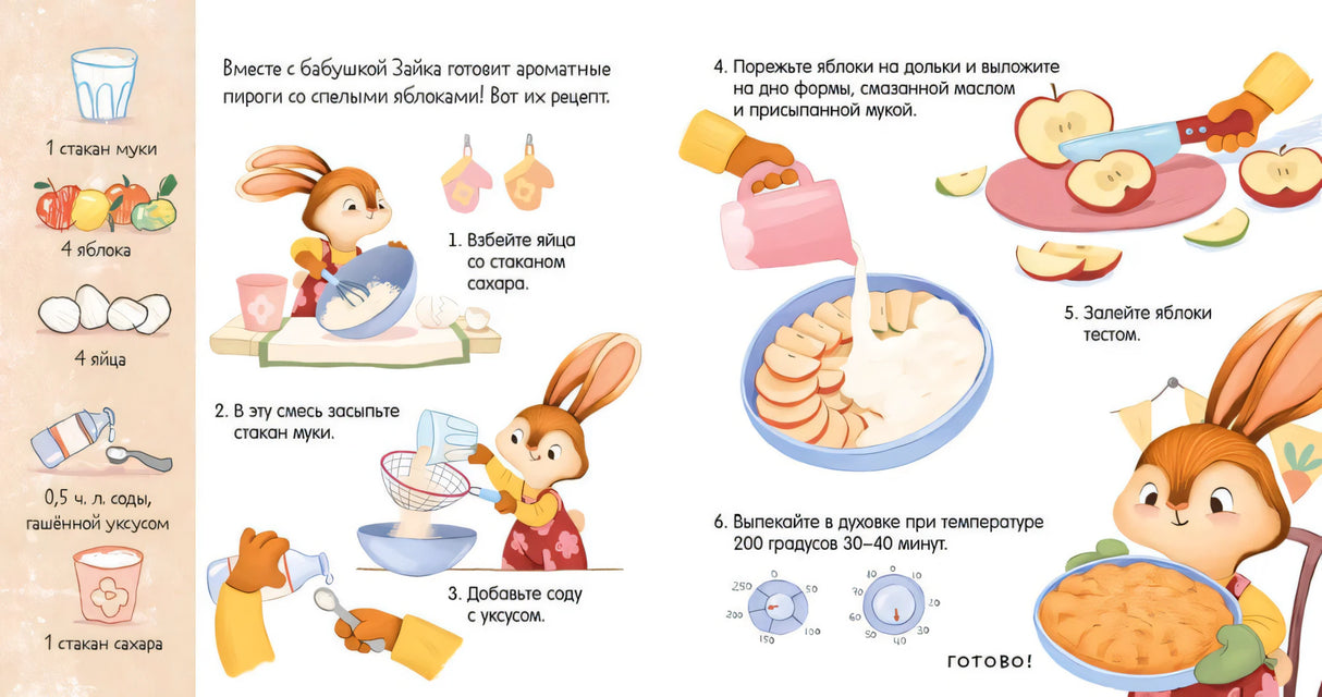 Разворот с рецептом яблочного пирога и пошаговыми иллюстрациями