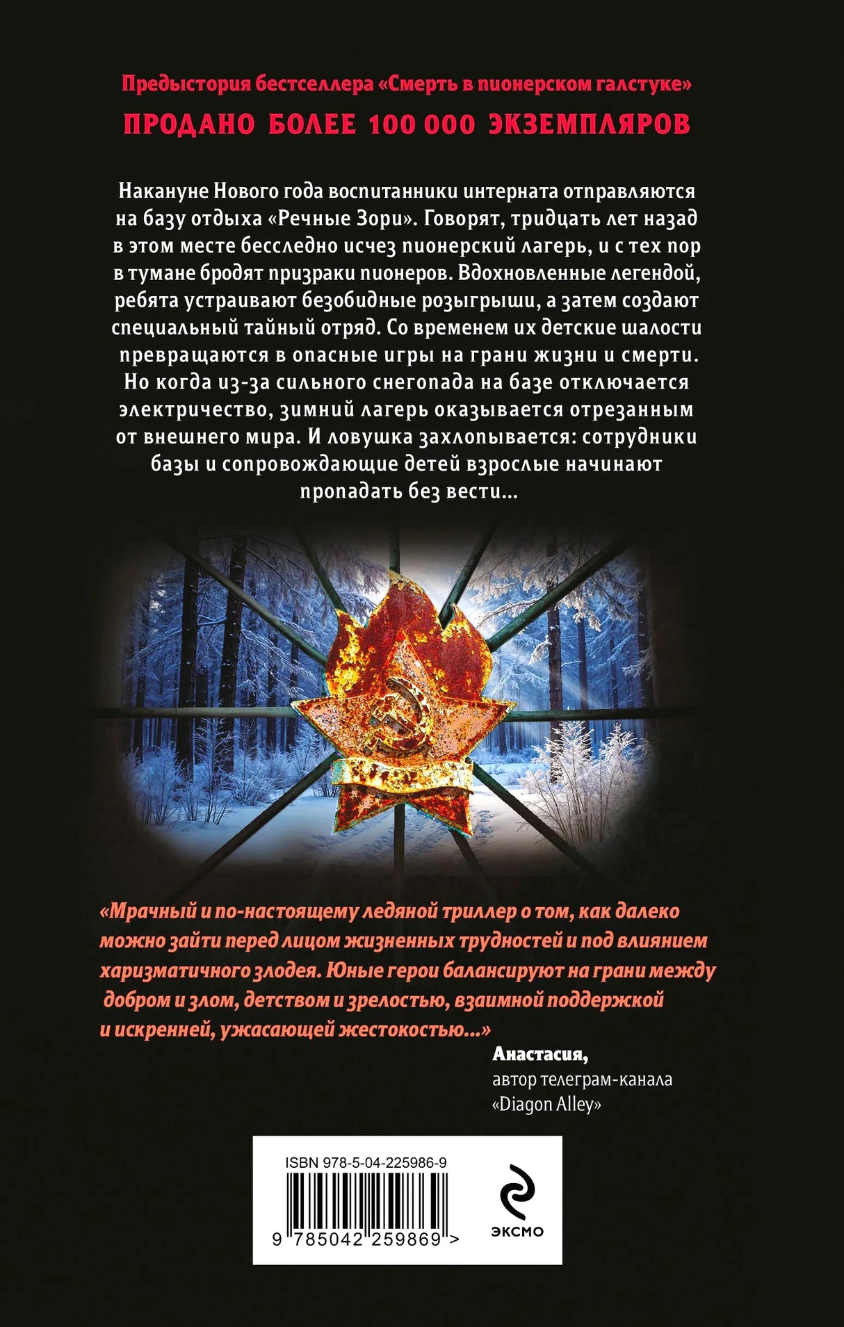 Задняя обложка с аннотацией и изображением пионерского значка на фоне зимнего леса.
