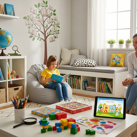 Ребенок увлеченно читает книгу