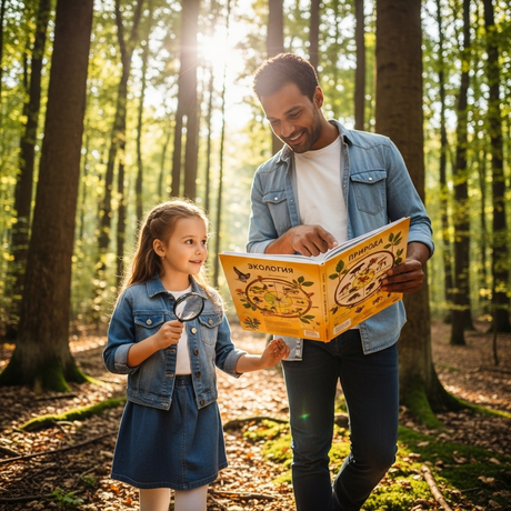 Экологическое воспитание через чтение: отец и дочь с книгой о природе в лесу. Фотореалистичное изображение для статьи о важности экологии.