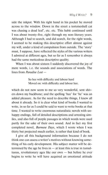 Страница 9 эссе Why I Write? с английским текстом и цитатой из Paradise Lost