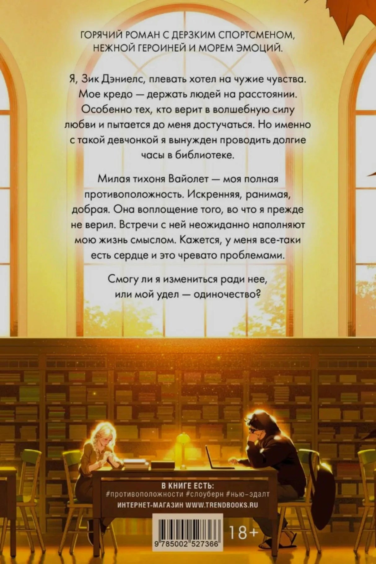 Задняя обложка с аннотацией, сценой в библиотеке и штрихкодом
