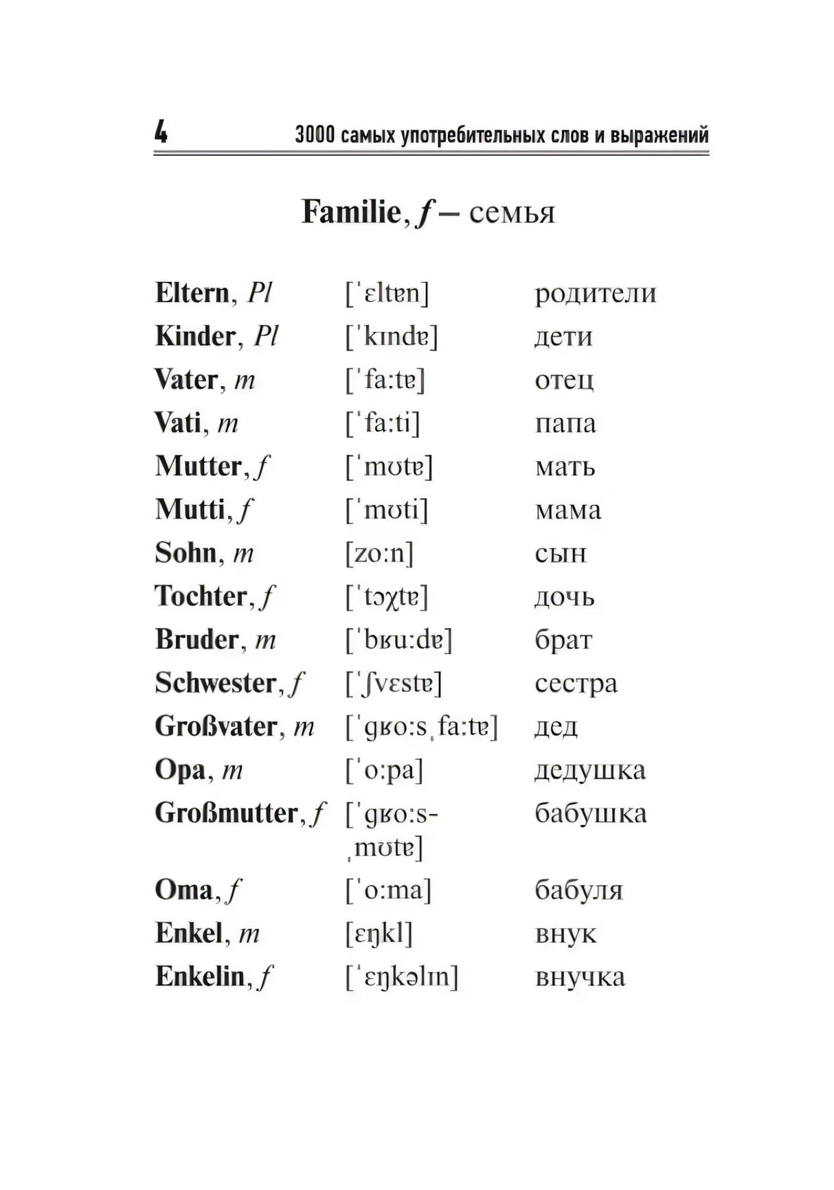 Страница 4 раздела «Familie — семья» с немецкими словами и переводами