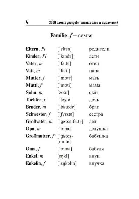 Страница 4 раздела «Familie — семья» с немецкими словами и переводами