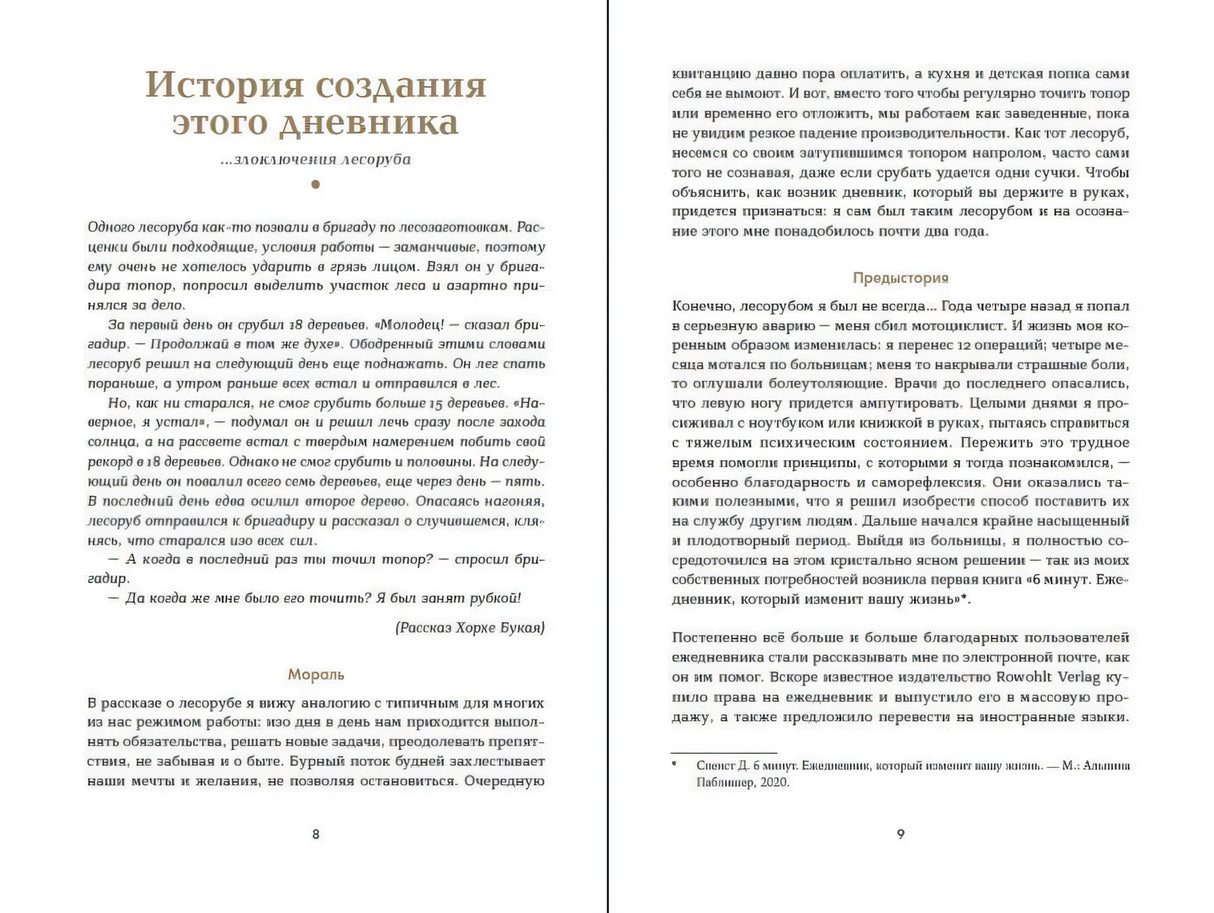 Разворот страниц 8–9 с разделом «История создания этого дневника»