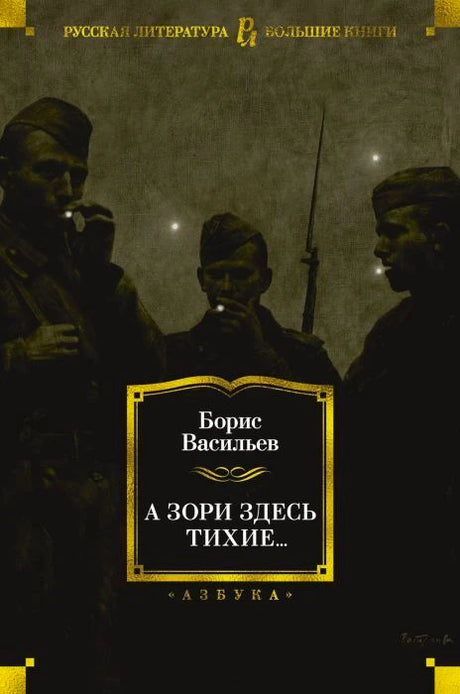Обложка книги Бориса Васильева «А зори здесь тихие...» с силуэтами солдат