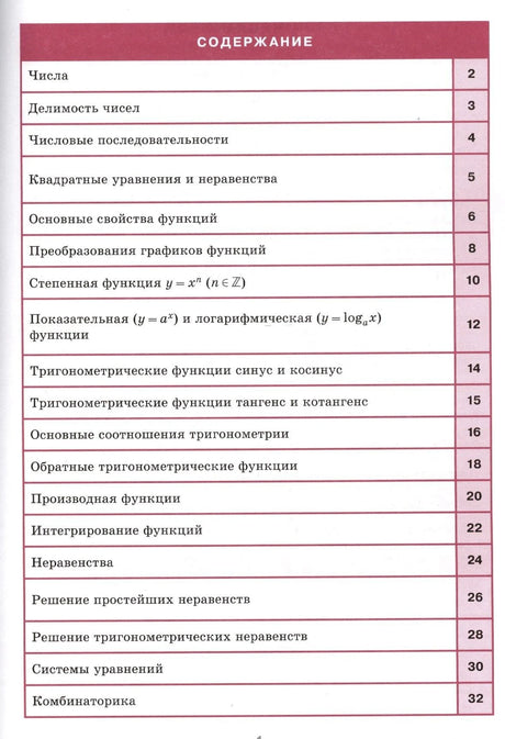 Содержание справочника с темами по алгебре и номерами страниц