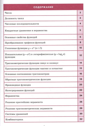 Содержание справочника с темами по алгебре и номерами страниц