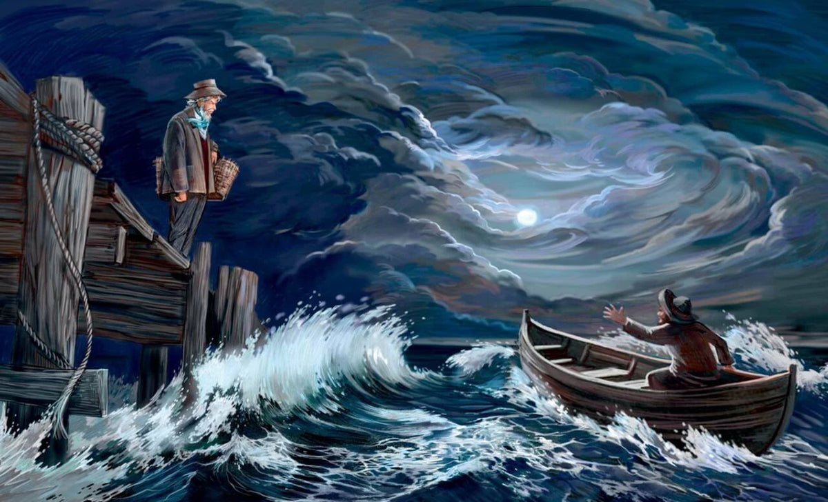 Иллюстрация: старик на причале и лодка в ночном штормовом море.