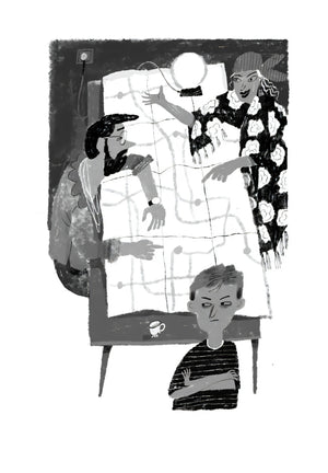 Иллюстрация: родители-предсказатели с хрустальным шаром и мальчик