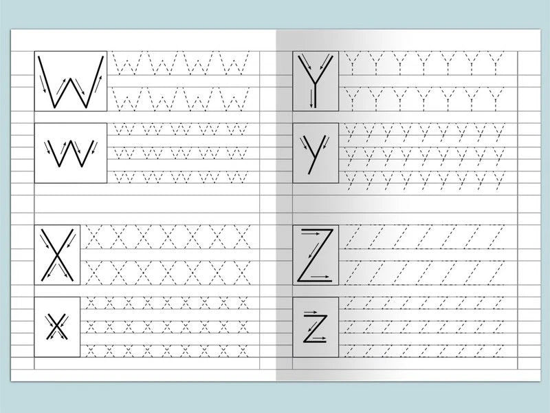 Разворот прописей с печатными буквами W, X, Y и Z
