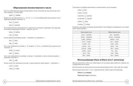 Разворот страниц 14–15 об образовании множественного числа и there is/there are