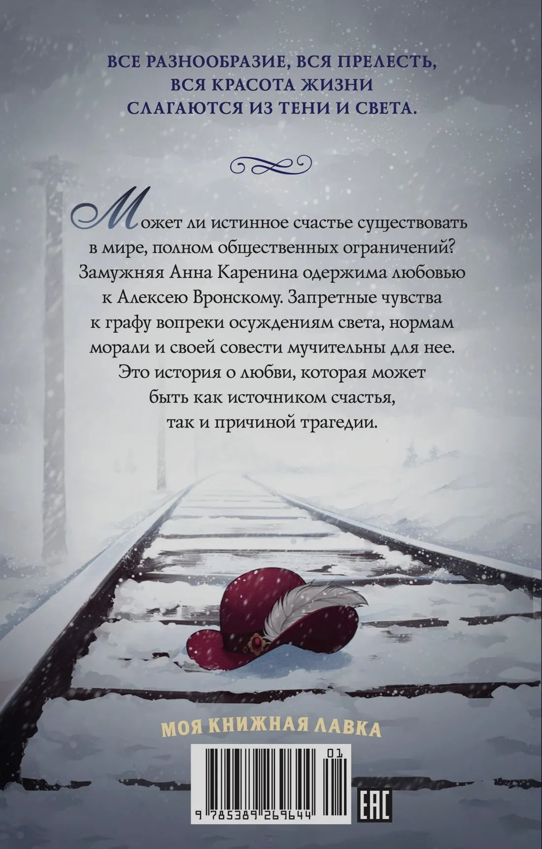 Задняя обложка с аннотацией, заснеженными рельсами и шляпой.