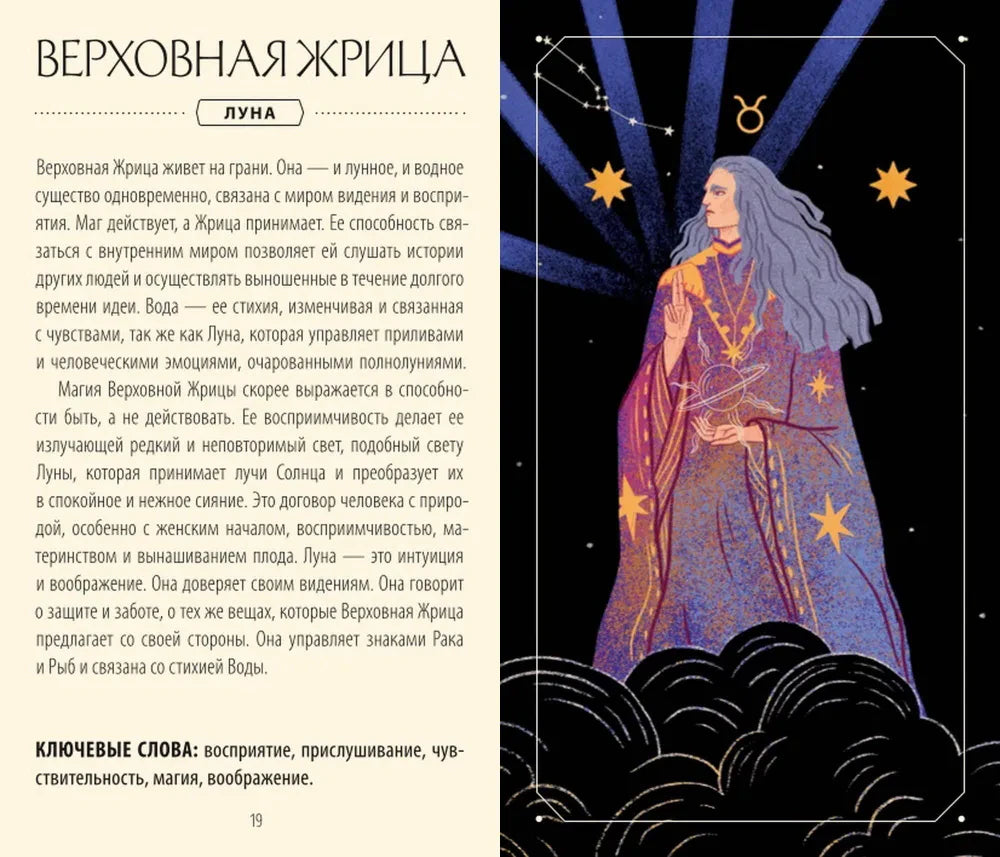 Разворот о Верховной Жрице с иллюстрацией карты