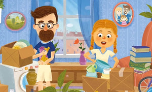 Иллюстрация из книги: родители и Ася собирают вещи для переезда