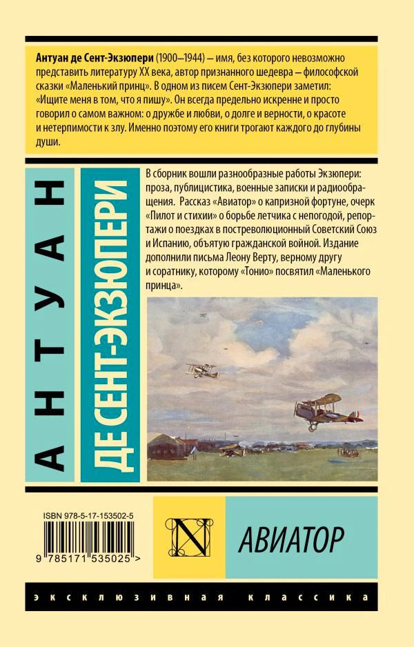 Задняя обложка книги с аннотацией, биографией автора, репродукцией самолётов и штрихкодом