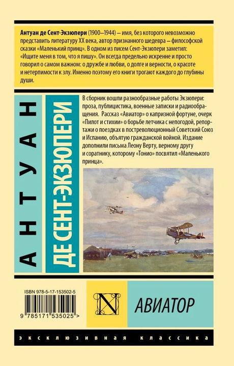 Задняя обложка книги с аннотацией, биографией автора, репродукцией самолётов и штрихкодом