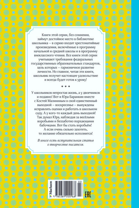 Задняя обложка с аннотацией, штрихкодом и бирюзово-жёлтым узором.