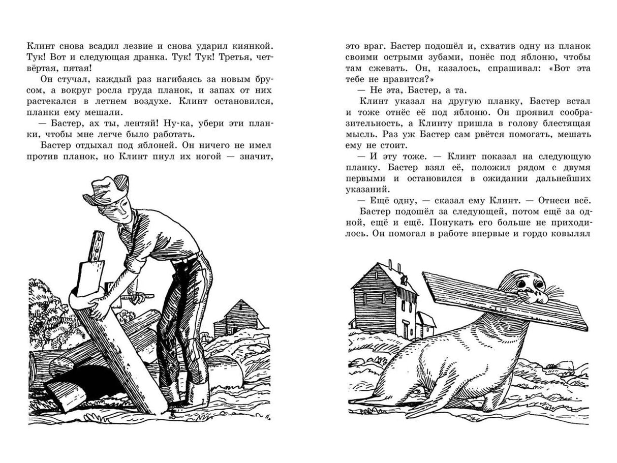 Разворот с текстом и рисунками: плотник и тюлень с доской