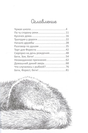 Оглавление с перечнем глав и рисунком спящего лисёнка