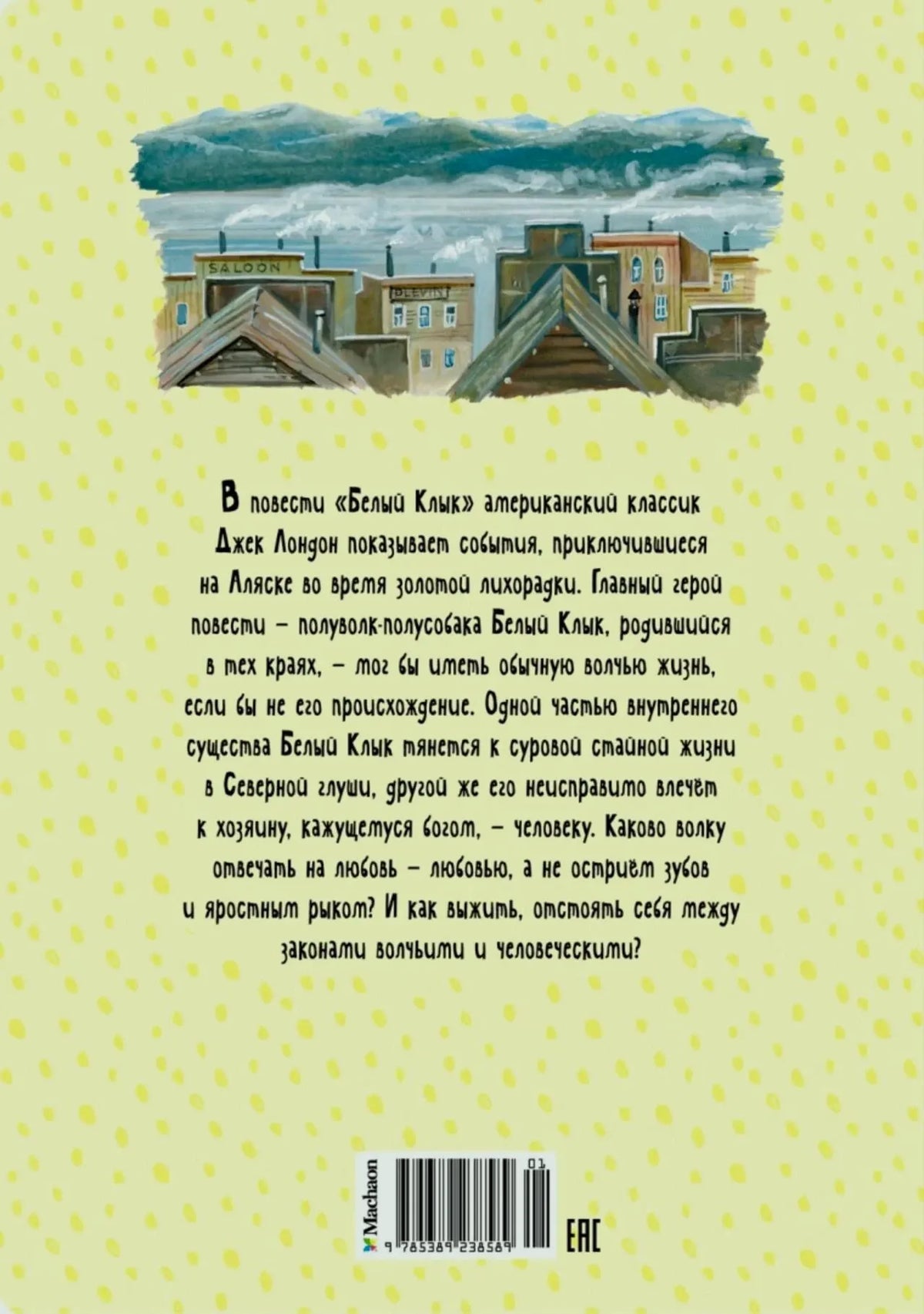 Задняя обложка книги с аннотацией, пейзажем города и штрихкодом.