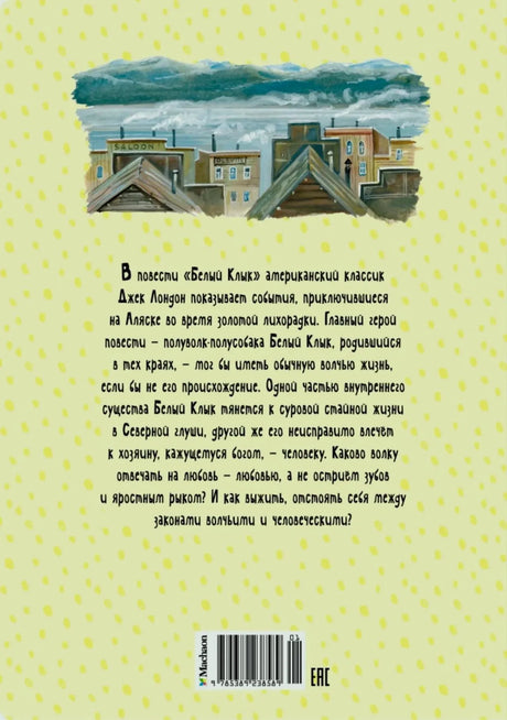 Задняя обложка книги с аннотацией, пейзажем города и штрихкодом.