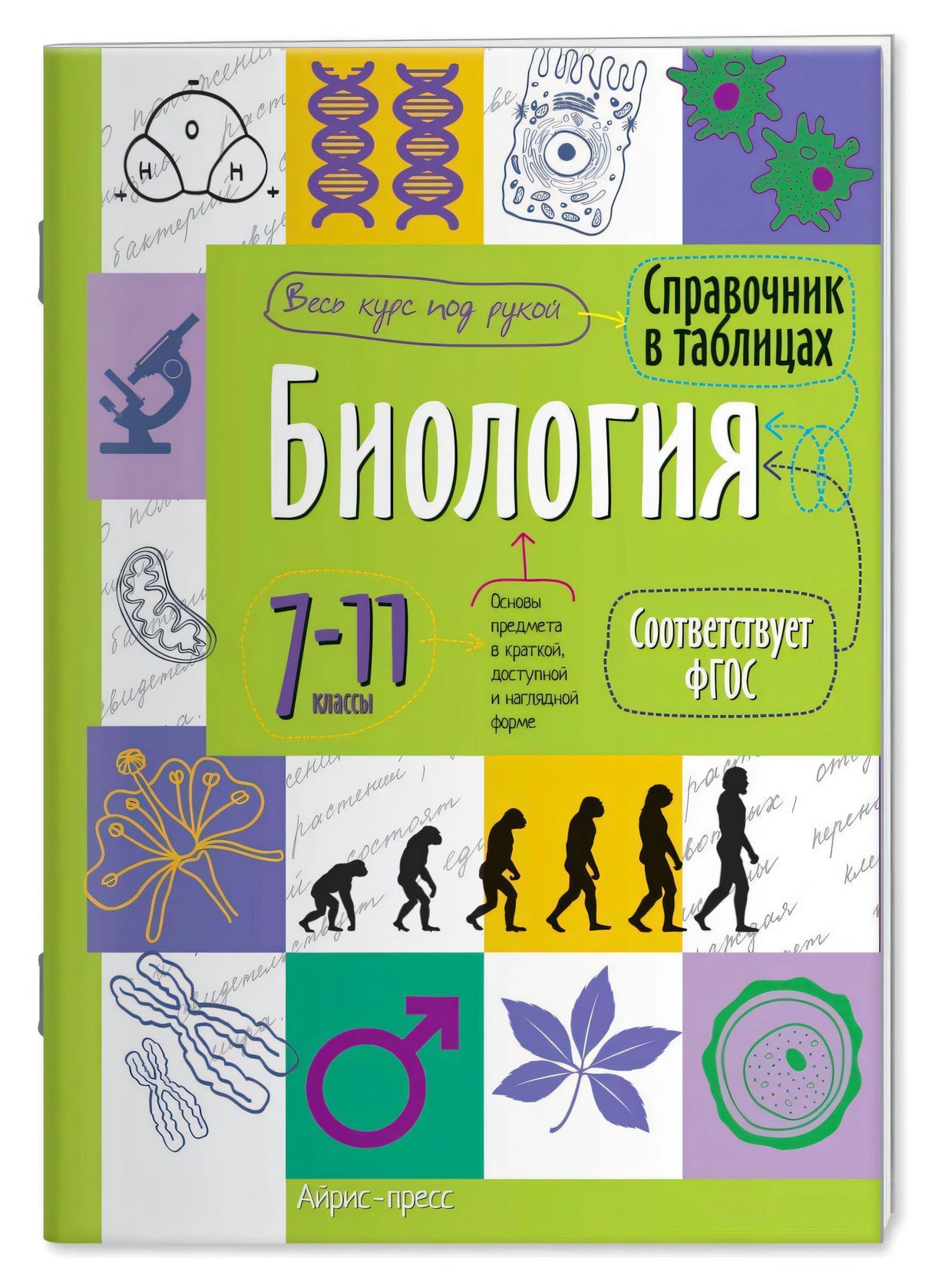 Обложка справочника «Биология. 7–11 классы» с биологическими схемами.