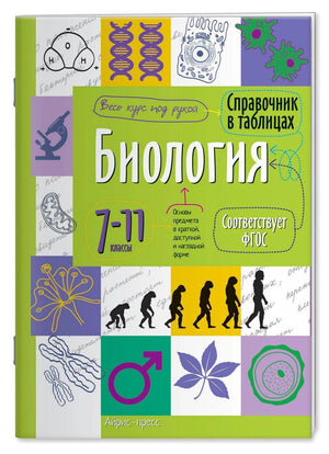 Обложка справочника «Биология. 7–11 классы» с биологическими схемами.