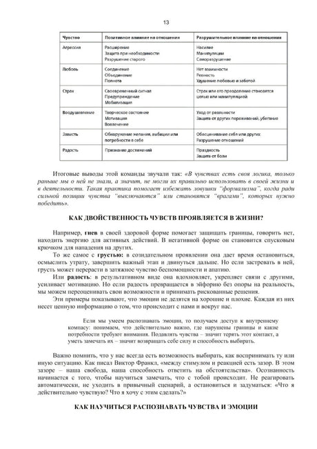 Страница 13 с таблицей влияния чувств на отношения