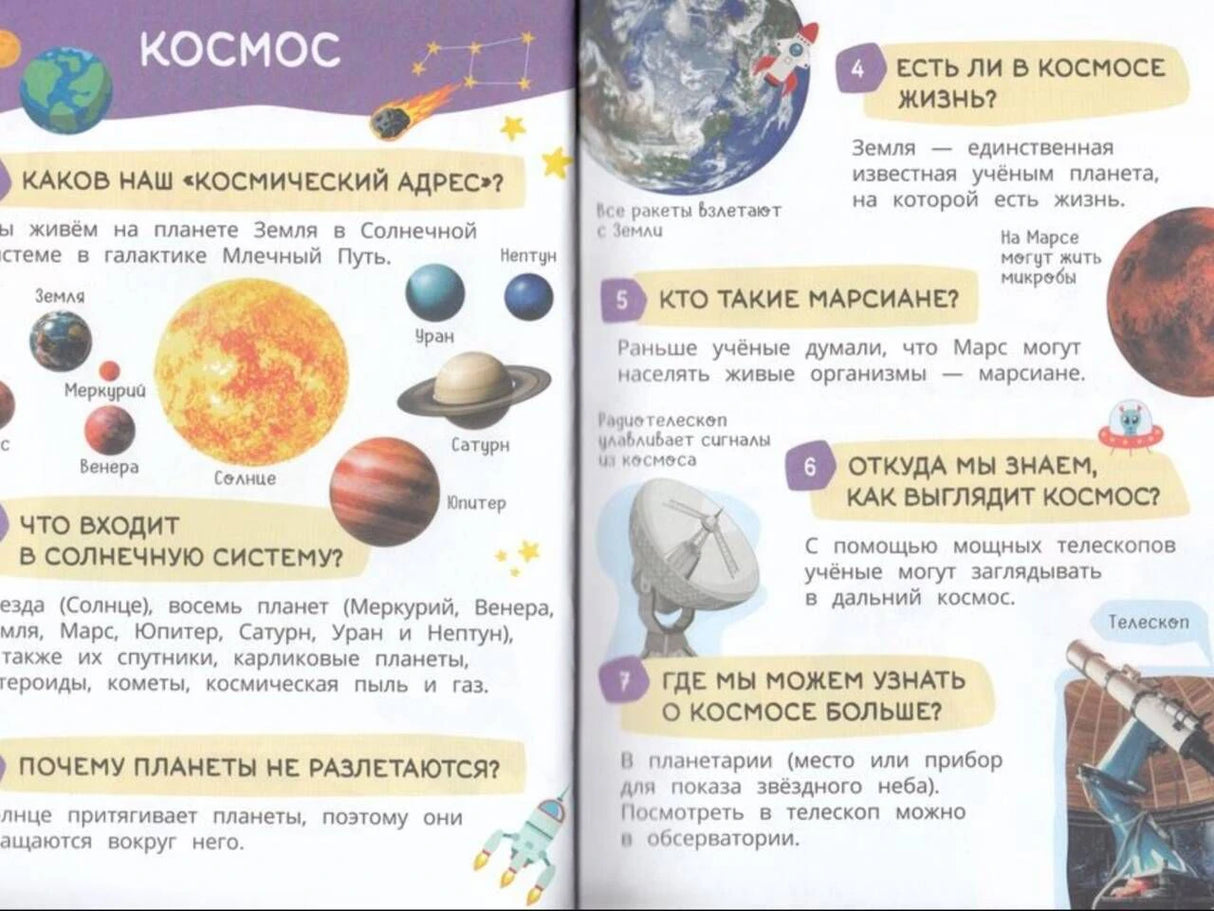 Разворот раздела «Космос» с вопросами о Солнечной системе, Марсе и телескопах.