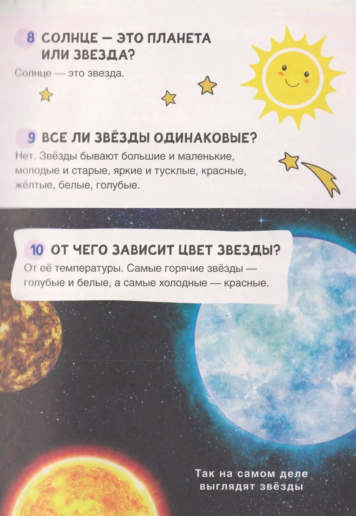 Страница о Солнце и звёздах с вопросами и иллюстрациями