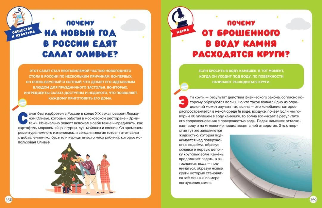 Разворот о салате оливье и кругах на воде, страницы 358–359