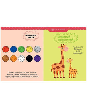 Разворот с цветными мячами и заданием сравнить большого и маленького жирафов.