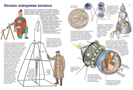 Разворот «Начало покорения космоса» с рисунками ранних спутников и космических аппаратов.