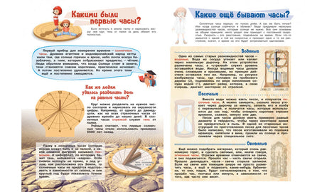 Разворот о первых часах, солнечных часах, водяных часах и песочных часах