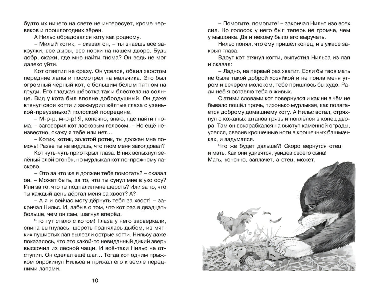 Разворот страниц 10–11 с текстом и рисунком кота рядом с Нильсом