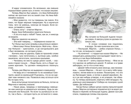 Разворот страниц 20–21 с текстом и рисунком Нильса у диких гусей